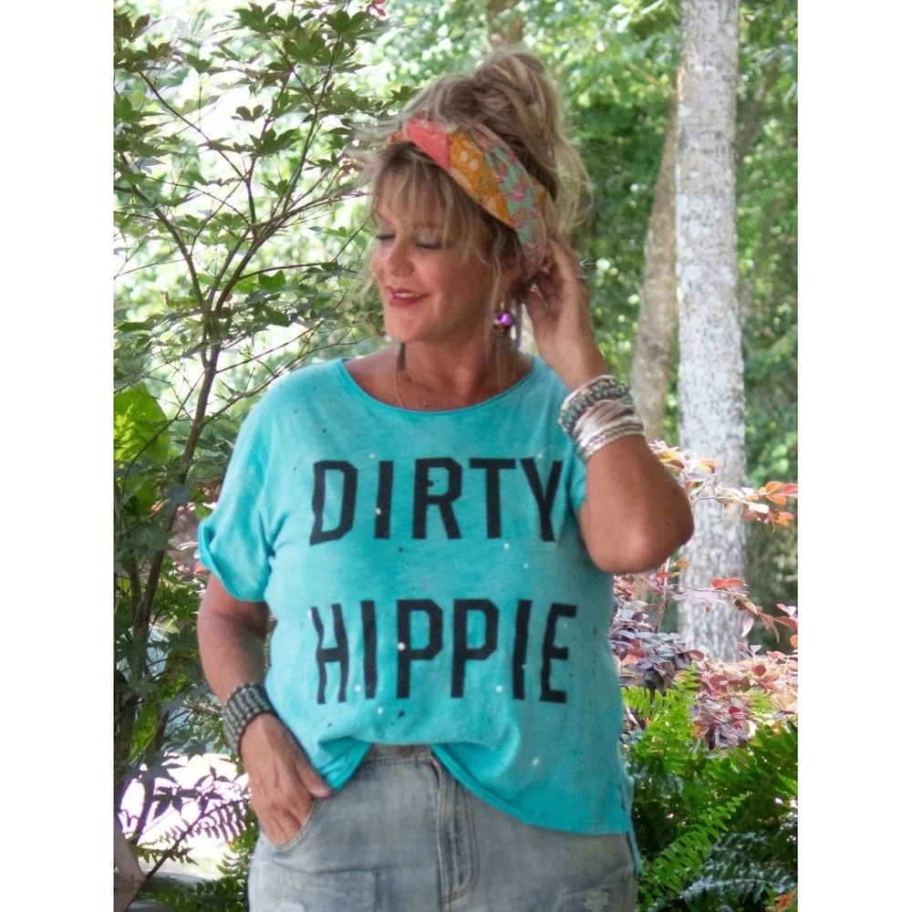 Jaded Gypsy Dirty Hippie  Tee Turquoise Blue Distressed Splatter Boho L XL